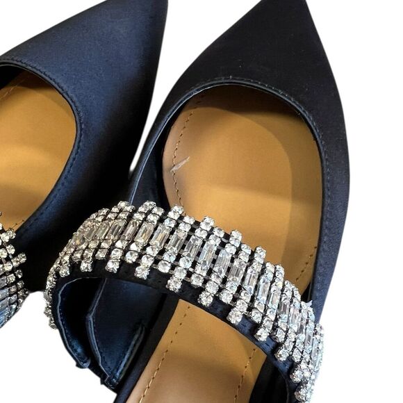 Lisa Vicky Black Satin Pointy Toe Move Crystal Embellished Flats 6.5 - Picture 3 of 4
